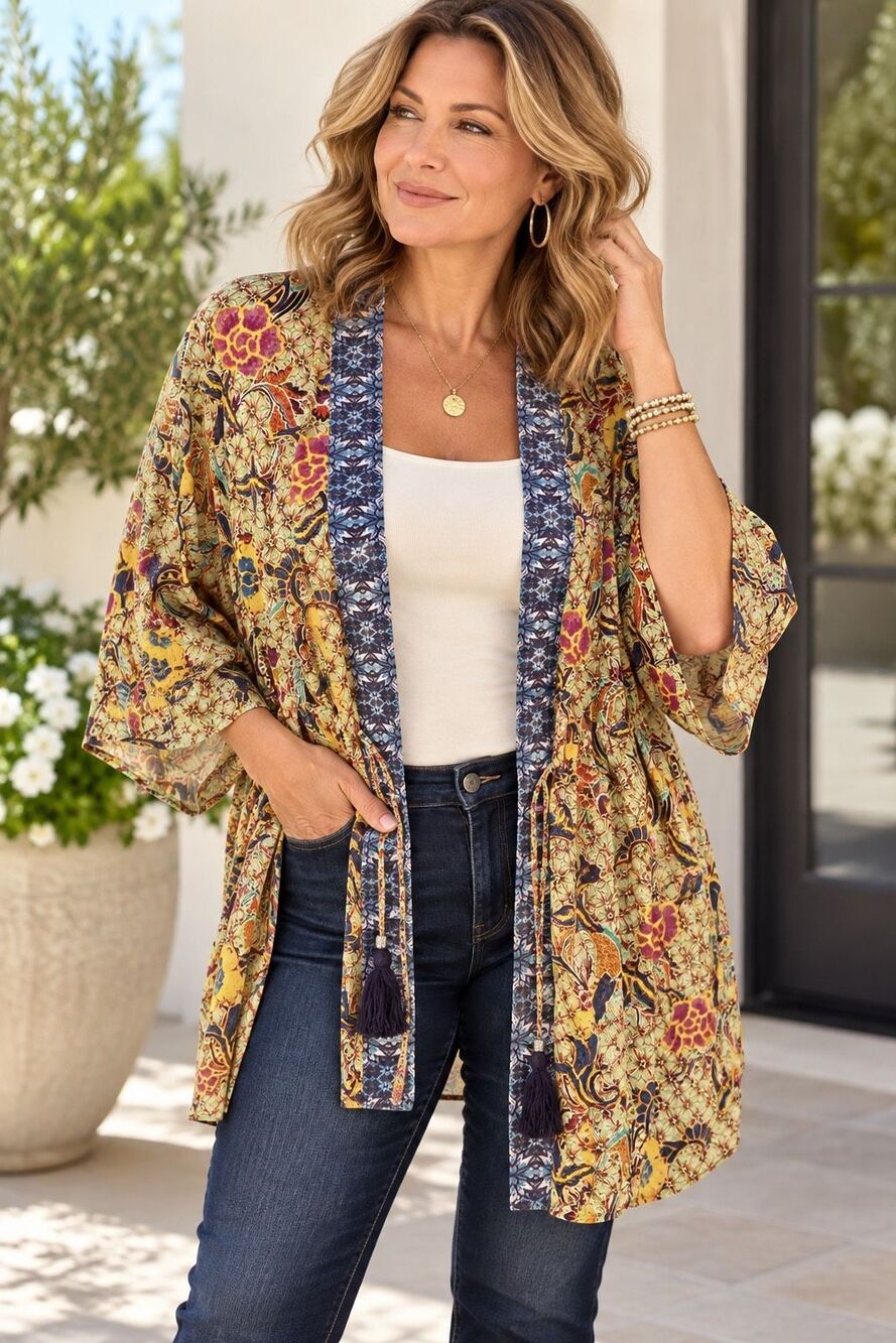 DR2 Daniel Rainn 1X Floral Paisley Kimono Jacket Tassel Tie Boho Chiffon
